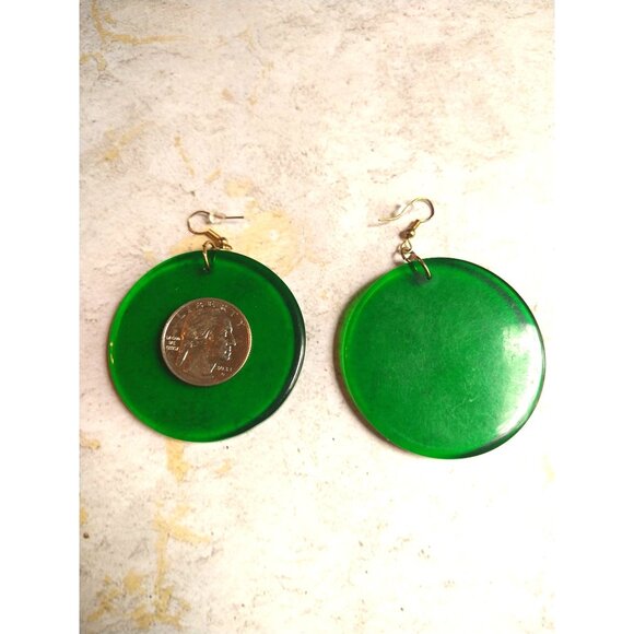 Funky Vintage Large Round Green Disc Earrings - Picture 2 of 5